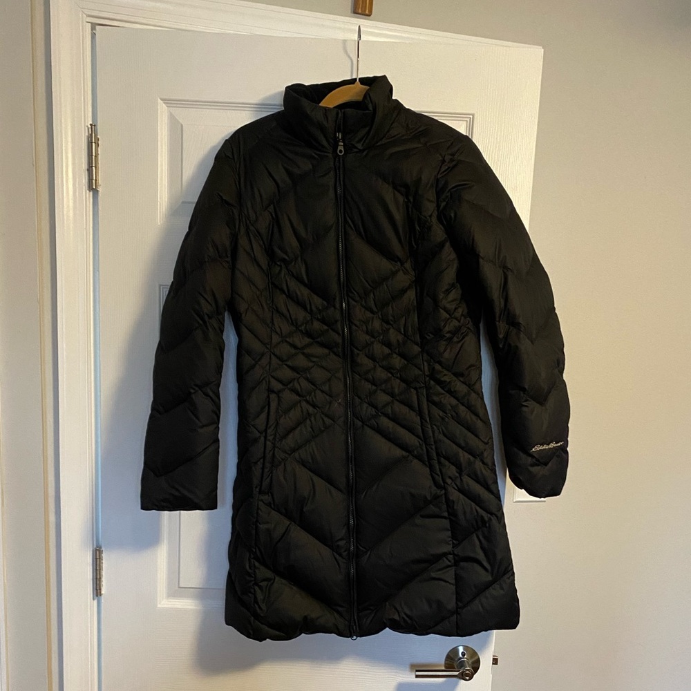 Eddie Bauer mid thigh puffer jacket. Black. Medium